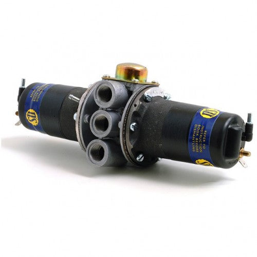 Classic and Sportscar Spares AZX1501 dual 12-volt pump for main and reserve applications, showcasing the pump's design.