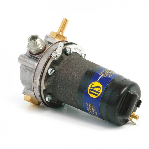 Classic and Sportscar Spares 12V fuel pump with push and screw-on fittings, featuring a -ve earth connection.