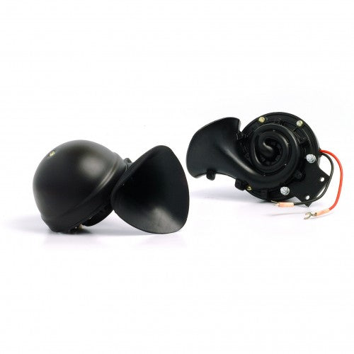 Classic and Sportscar Spares WT618 style Windtone horns in a pair, showcasing chrome finish and sleek design.