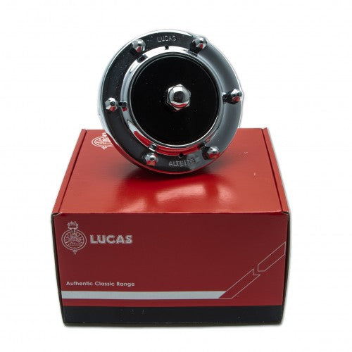 Classic and Sportscar Spares 080.237 LUCAS ALTETTE 12V horn with chrome finish and vintage design displayed on a white background.