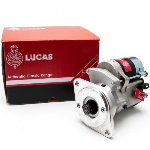 Lucas starter motor for Triumph Stag with a 9-tooth pinion, featuring a durable design for classic car performance.