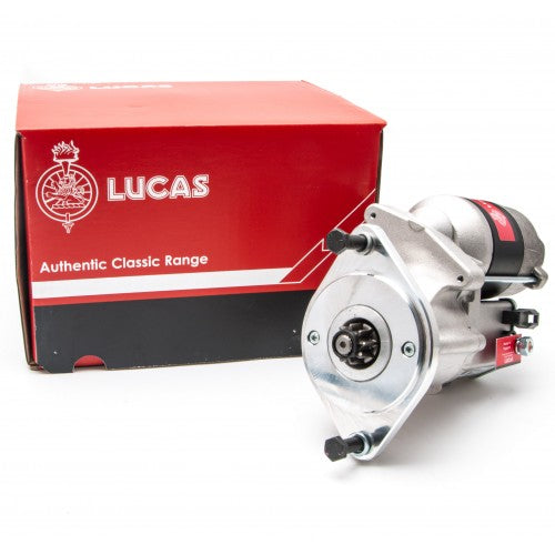 Lucas starter motor for Jaguar V12 engine, featuring a 25mm pinion, displayed on a neutral background.