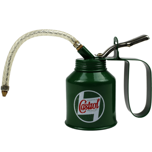 Castrol classic oil can with pump type, 500ml capacity, featuring a vintage design and vibrant color scheme.