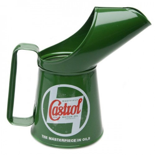 Castrol one pint pouring can with a classic design, featuring a spout and handle, ideal for fluid transfer.