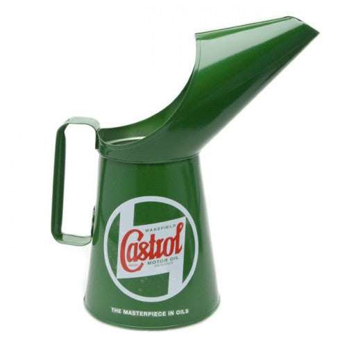 Castrol pouring can, one quart capacity, featuring a classic design and spout for easy pouring, on a white background.