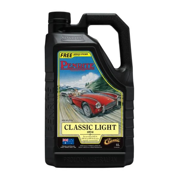 Penrite Classic Light Oil 5L bottle with a label showcasing product details and design.