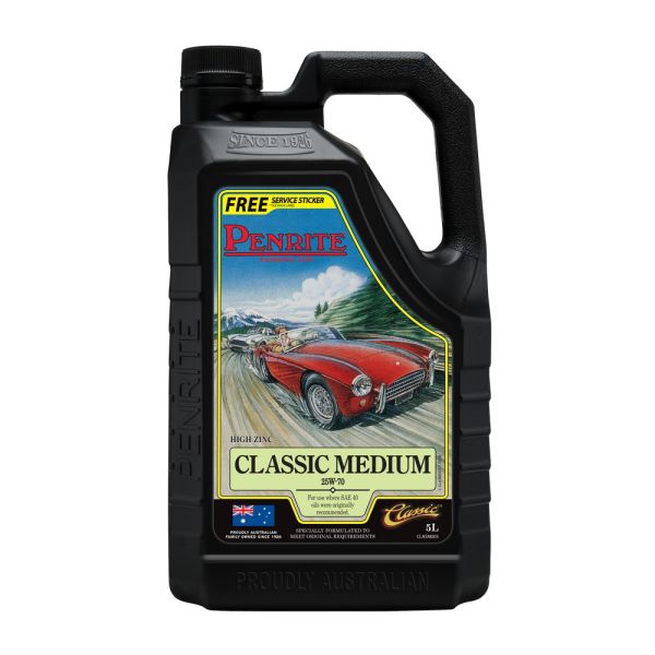 5L bottle of Penrite Classic Medium Oil, featuring a classic design and clear labeling, ideal for vintage vehicles.