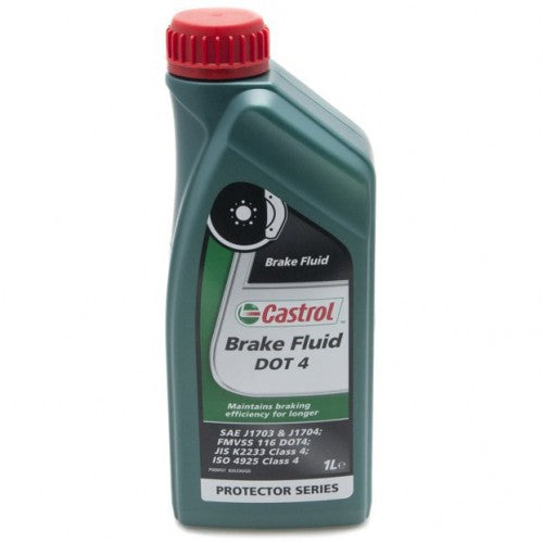 Castrol Universal DOT 4 brake and clutch fluid in a clear bottle, showcasing its label and fluid color.