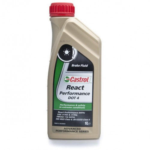 Castrol Super DOT 4 brake fluid bottle on a white background, showcasing its label and fluid level.