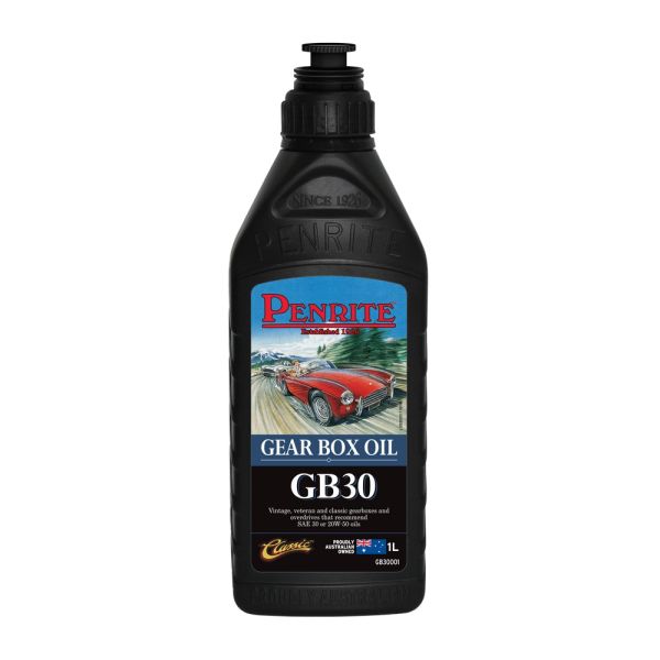 Penrite Gear Box Oil 30 Manual Transmission 1L bottle with label, showcasing its sleek design and oil color.