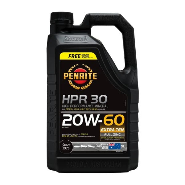 HPR30 5L engine oil by Penrite, featuring a clear bottle with a label showing product details and branding.