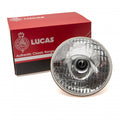 Lucas 7" right-hand drive headlamp model J700, featuring clear glass lens and chrome housing for classic vehicles.
