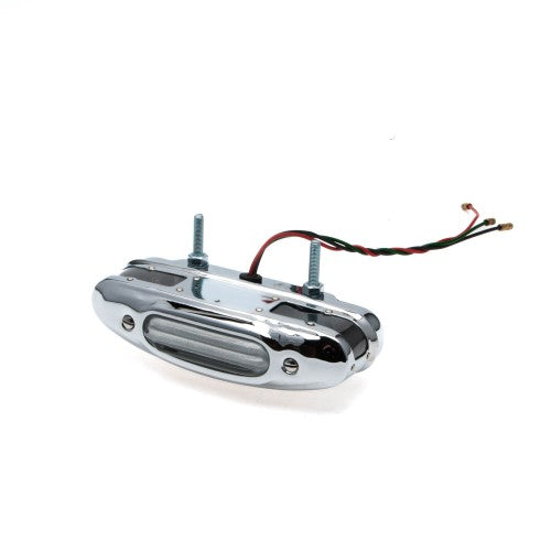 Lucas number plate and reverse lamp with clear lens, designed for classic and sports cars, showcasing detailed craftsmanship.