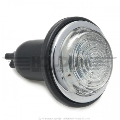 Classic and Sportscar Spares L488/A Lucas sidelamp with single contact, showcasing its clear lens and chrome housing.