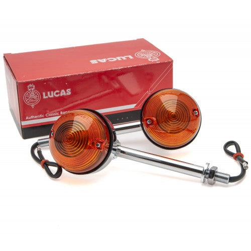 Pair of Classic and Sportscar Spares L874/80MM original flasher lamps, showcasing 80mm design and distinct shape.