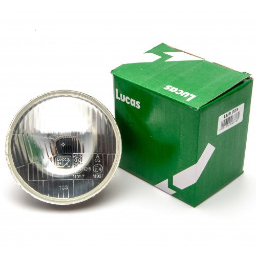 LUCAS 5 3/4'' RHD H4 headlamp unit LUB223 with clear glass lens and chrome housing, ideal for classic cars.