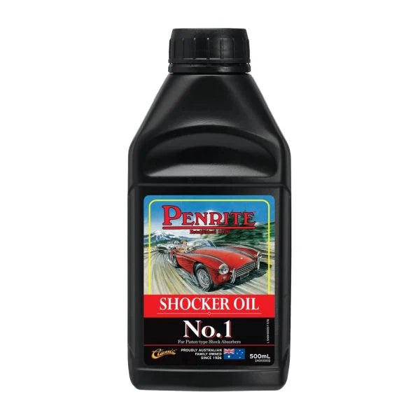 Penrite Shock Oil No. 1 in a clear bottle, showcasing the label and product details for automotive suspension maintenance.