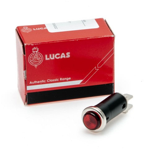 Classic and Sportscar Spares SPB354 Lucas red warning lamp with push fit design for 13mm hole, showcasing its vibrant color.