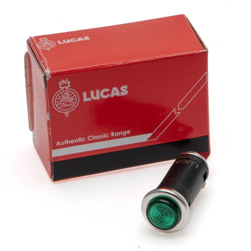 Classic and Sportscar Spares SPB355 Lucas green warning lamp with a 13mm hole fitting, showcasing its bright color and design.
