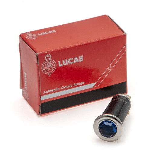 Classic and Sportscar Spares SPB356 Lucas blue warning lamp for 13mm hole, featuring a push-fit design.