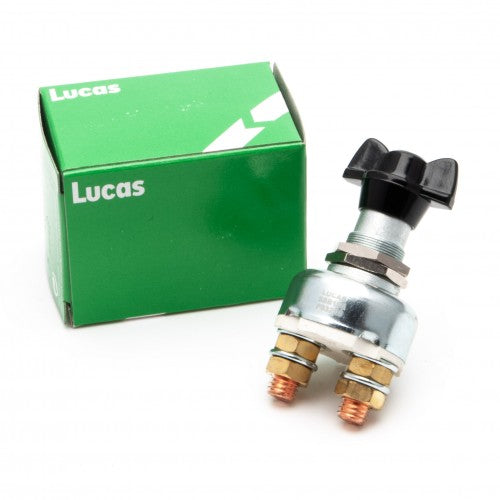 Lucas SSB106 battery isolator switch with clear labeling and connection points, designed for classic and sportscar applications.