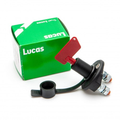 Classic and Sportscar Spares SSB112 battery isolator switch with a red toggle and mounting bracket on a white background.