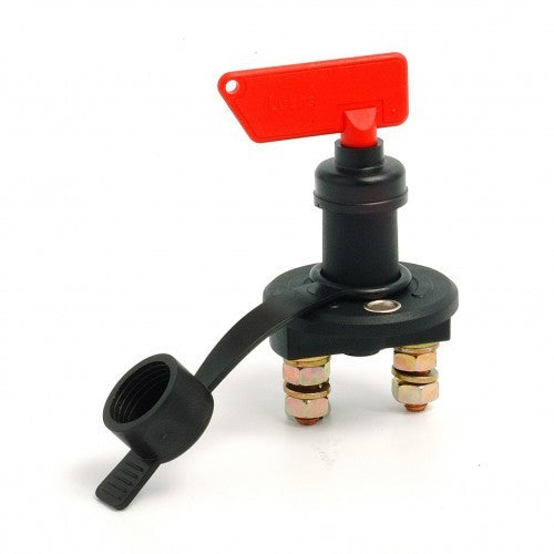 Classic and Sportscar Spares SSB112 battery isolator switch with a red knob and mounting bracket, installed in a vehicle.