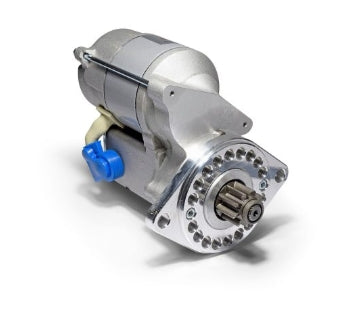 RAC418A starter motor for Lotus Cortina with 132T ring gear, showcasing the motor's design and mounting features.